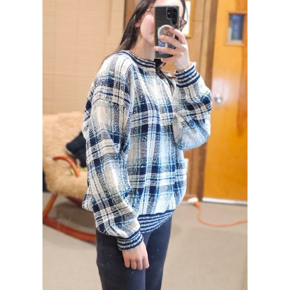 Cotton Traders Vintagebeautiful Plaid blue chunky Knit Sweater oversized Medium